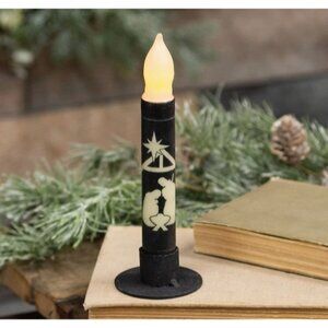 Primitive Christmas NATIVITY SCENE Timer Taper Candle Black & Ivory 6" NEW